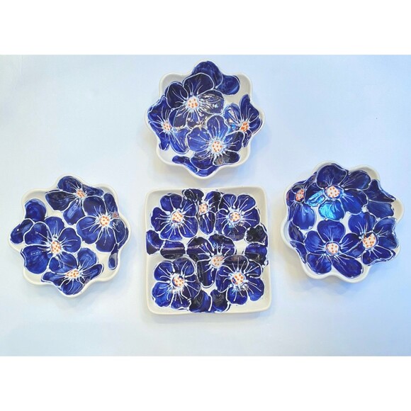 Vintage Ceramicas Anoru Spain Hand painted Floral Bowls Blue And White Snack Set - Picture 2 of 9
